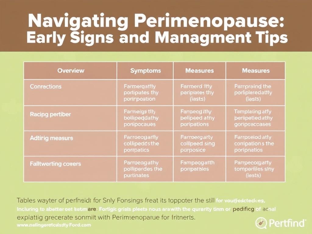     Navigating Perimenopause: Early Signs and Management Tips. Tabellen: Übersicht über Symptome und Maßnahmen